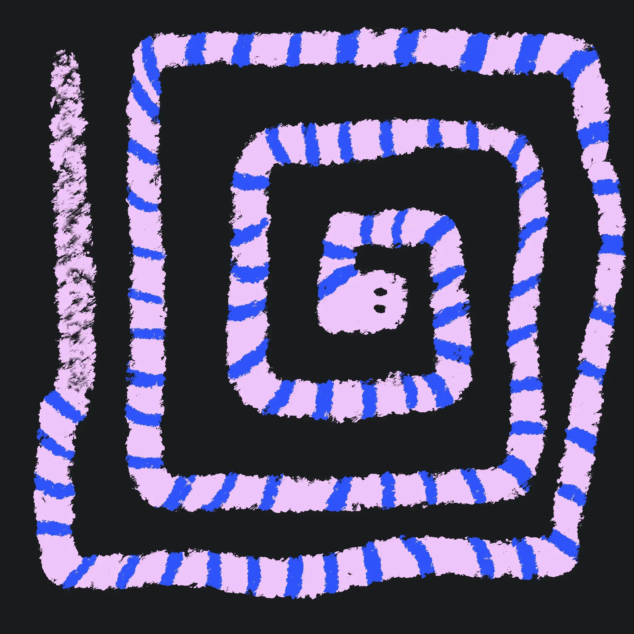 A pink snake with blue stripes, coiled making a square shape.