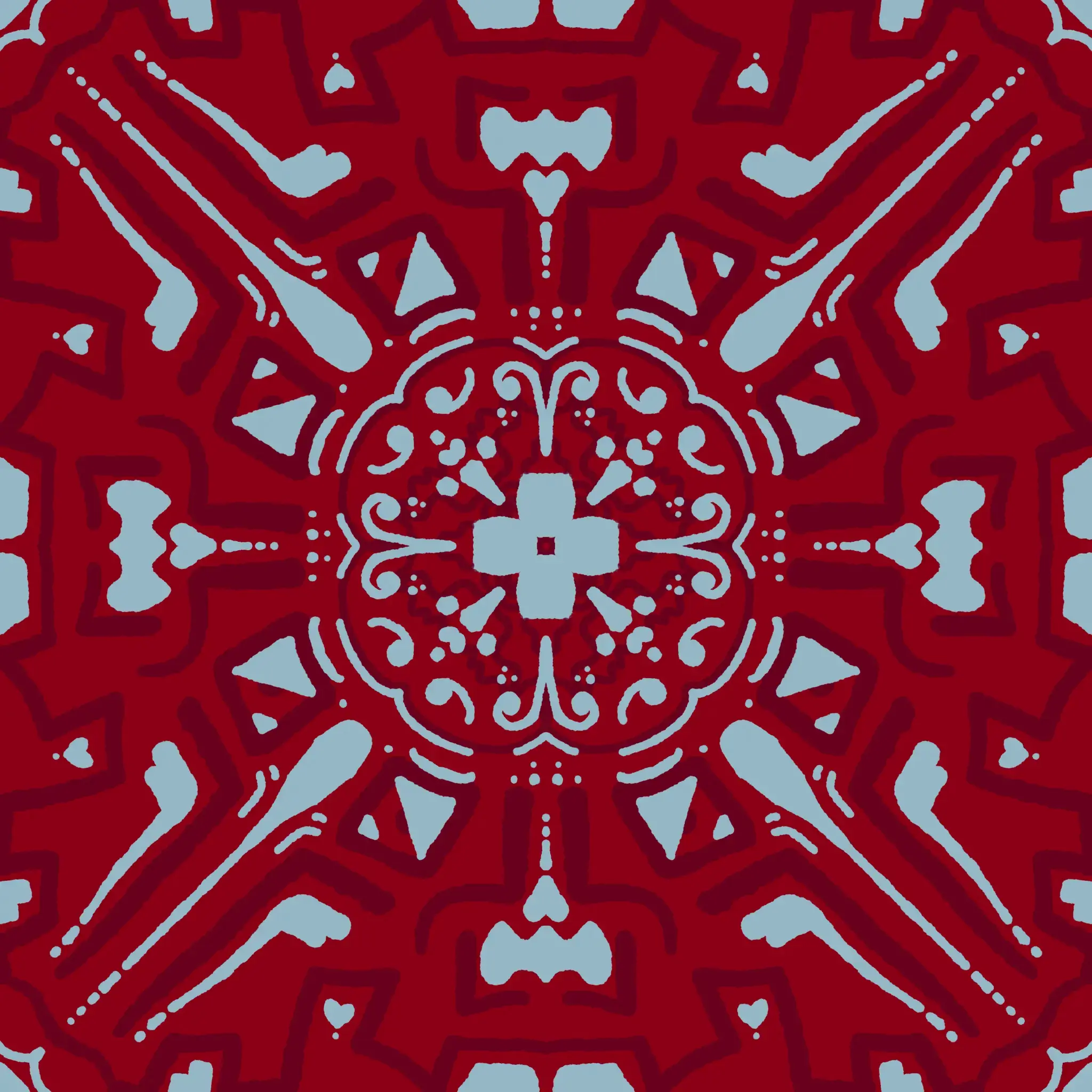 Red background with ice blue symmetrical pattern.