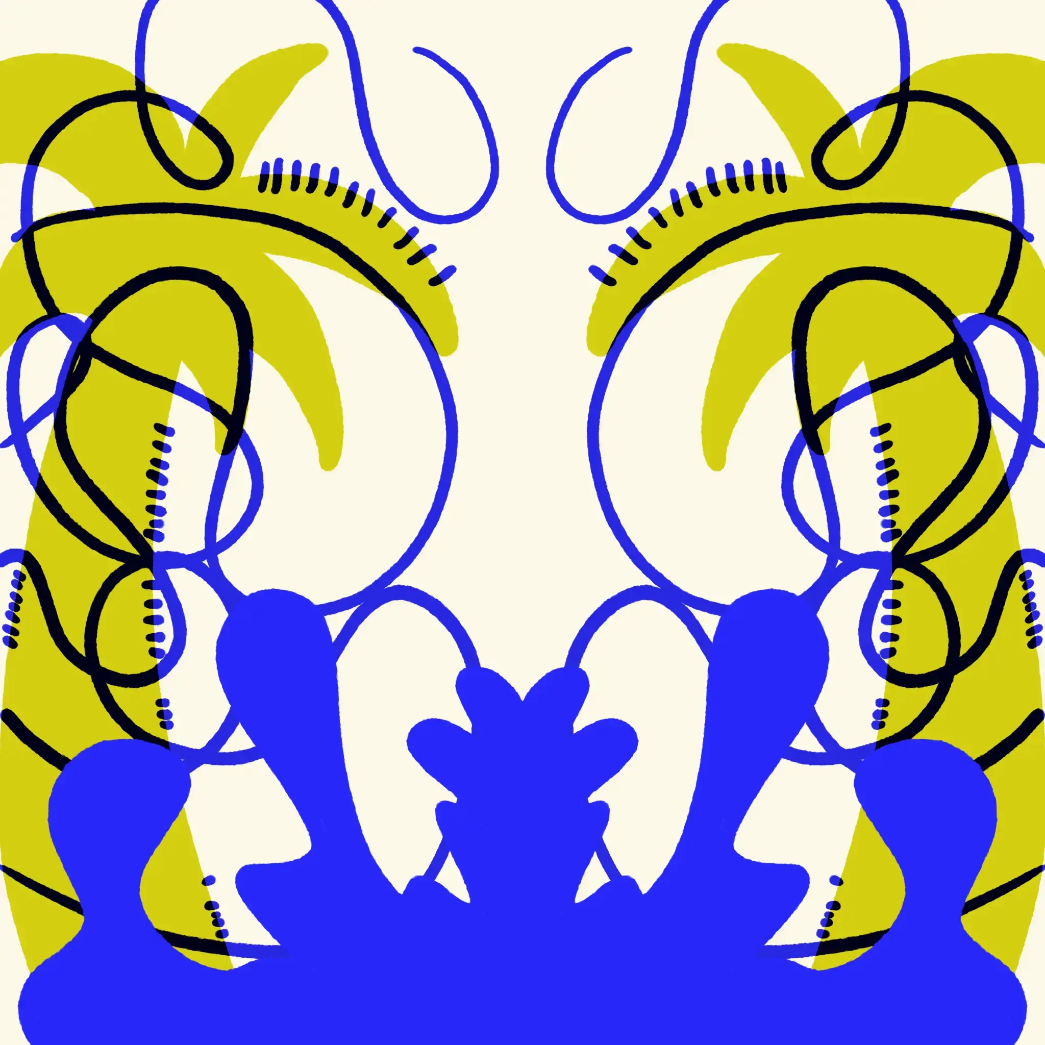 Yellow palm trees with lines and organic shape overlays in blue.