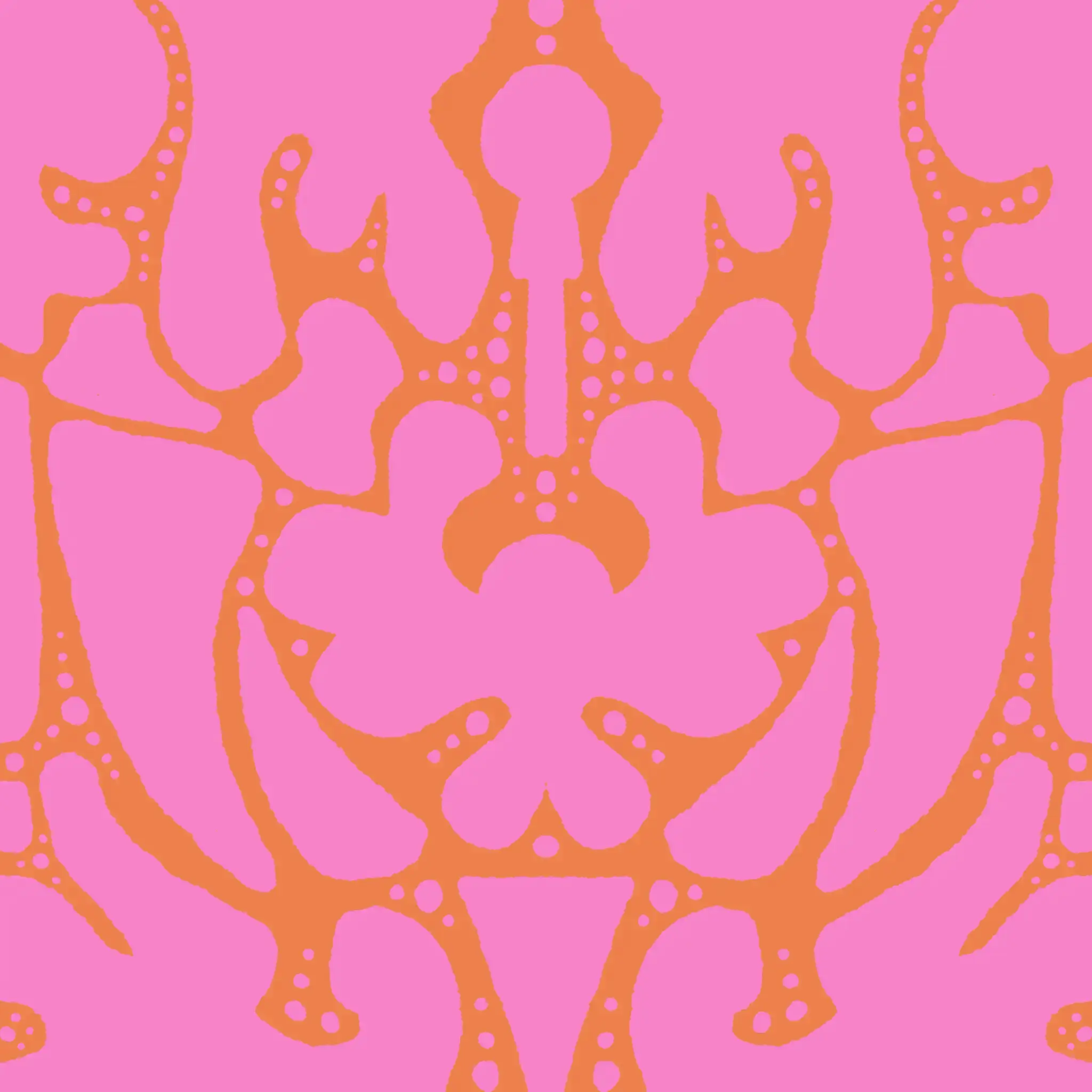 A pattern of organic shapes in bright pink over an orange background.