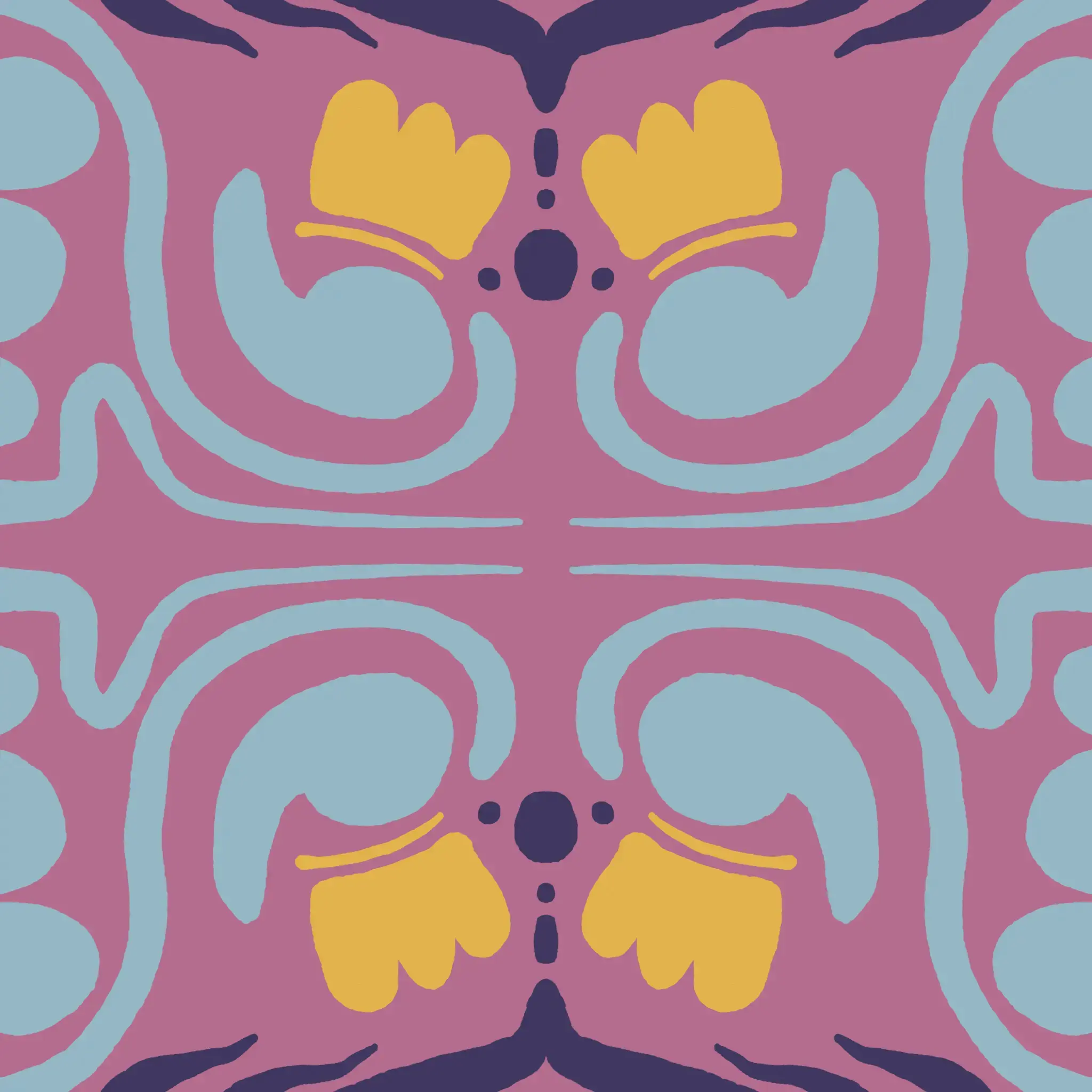 Blue symmetrical pattern on a pink background. A slight purple line pattern creeps in from the top and bottom with yellow crown shapes.